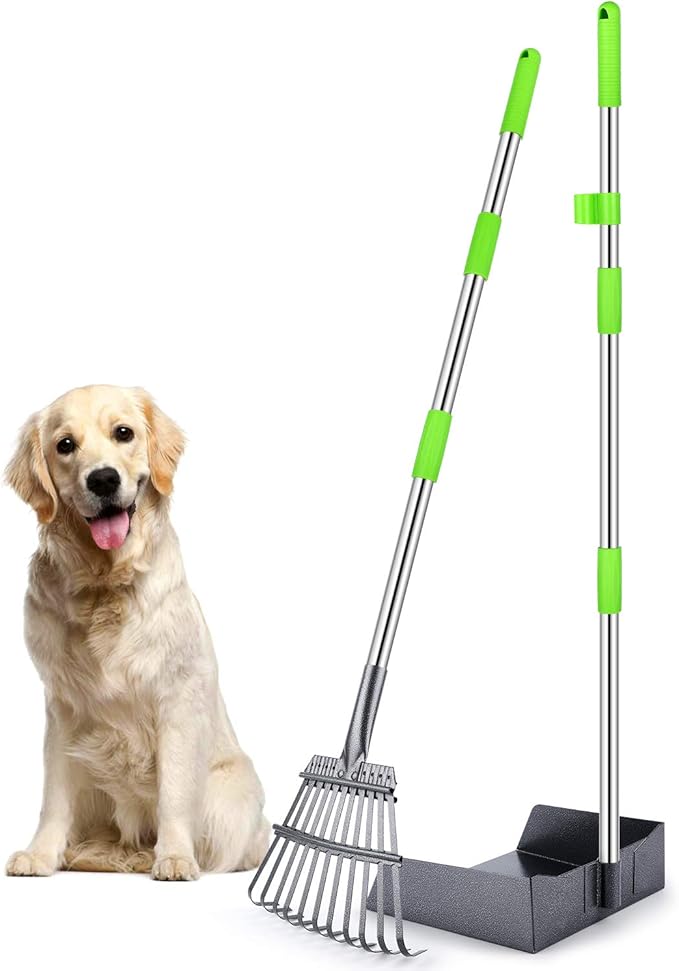 TNELTUEB Extra Large Dog Pooper Scooper, Metal Pet Poop Tray & Rake Set, Adjustable Long Handle for Large Dogs - Great for Grass/Street/Gravel-Mewly Pet