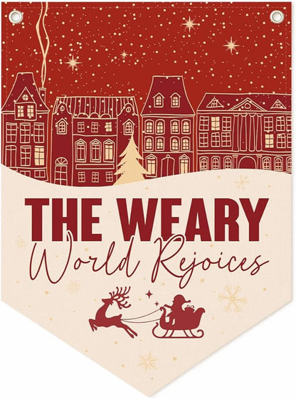 Christmas Wall Hanging Banner, "The Weary World Rejoices" Canvas Wall Art, Festive Town & Santa Sleigh Print Hanging Decor for Home, Living Room, Bedroom Holiday Decoration, 15.7 x 21.6 In