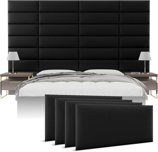 Vänt Upholstered Wall Panels - Queen/Full Size Wall Mounted Headboards - Vintage Leather Jet Black - Set of 4 Panels (Each Individual Panel 30"x11.5")