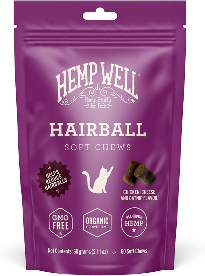 Hemp Well Cat Hairball Soft Chews for Cats, Organic USA Grown, Chicken Cheese & Catnip Flavor!-Mewly Pet