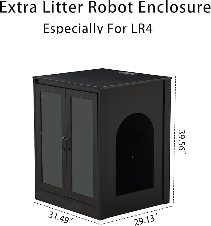 Cat Litter Robot Enclosure with Glass Cat-Observant Doors,Litter Robot Cabinet with Reversible and Optional Entry(Left or Right),Cozy LED for Cats,Power Outlet for More Choice, Black-Mewly Pet