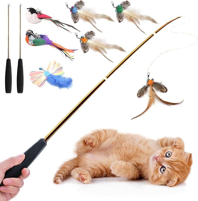 Interactive Cat Wand Toys Set, 2PCS Cat Teaser with 6 Replacement Birds, Feathers & Bells for Indoor Play-Mewly Pet