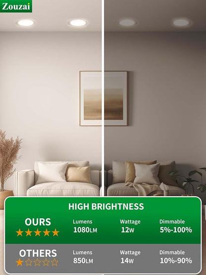 zouzai 12 Pack 6 Inch 6000k/5000k/4000k/3000k/2700k 5CCT Selectable Ultra-Thin LED Recessed Ceiling Light with Junction Box,12W Eqv 110W,Dimmable, led can Lights- ETL and Energy Star Certified