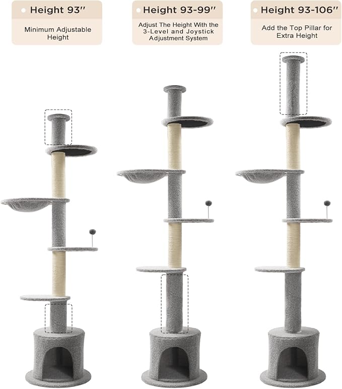 Made4Pets Floor to Ceiling Cat Tree 93-106'',Tall Cat Tower 5 Tiers,Adjustable Height, Stable Cat Tree Tower with Scratching Posts, Fluffy Condo, Hammock and Ball Toy for Indoor Cats/Kitten, Gray-Mewly Pet