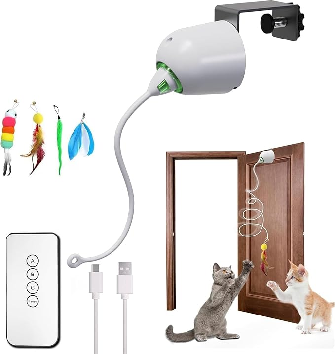 Cat Toys Interactive for Indoor, Cats Toy Hanging Door Electric for Bored, Feather Toy Kitten Rechargeable Door Hanging Automatic String with 4pcs Feather Toys, White-Mewly Pet
