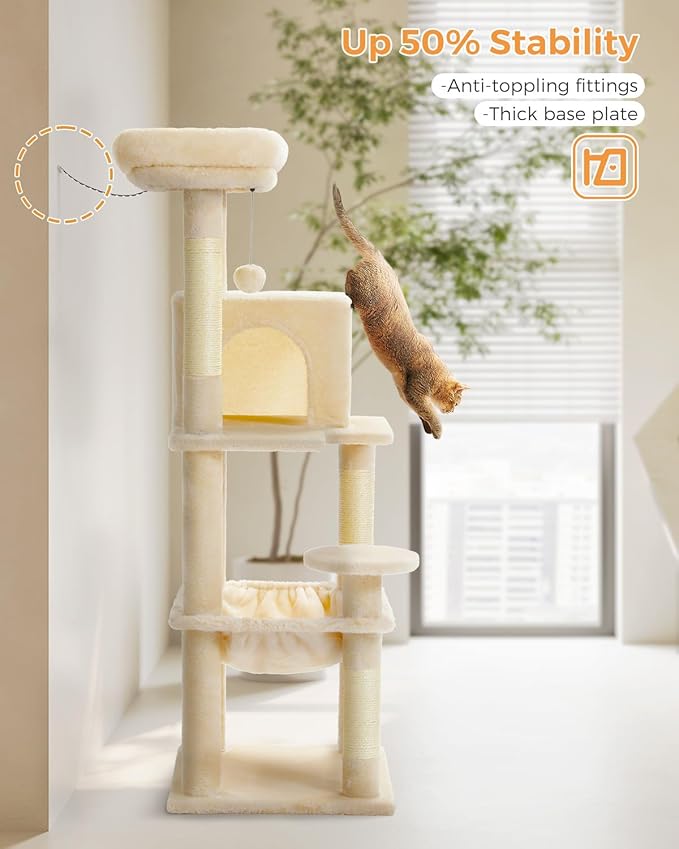 Cat Tree for Large Cats Adult with Metal Plush Big Hammock, 56.3" Cat Tower with 2 Door Condo House, 6-Tier Cat Shelves with Scratching Posts and Large Top Perch, Beige-Mewly Pet