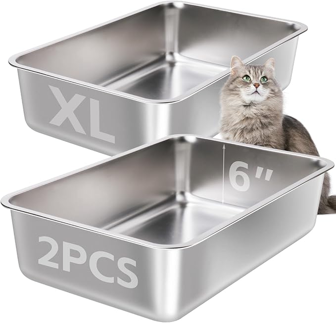 Stainless Steel Litter Box 2 Pack-XLarge Metal Litter Box-High Sided Cat LitterBox for Adult Big Cats, Stainless Steel Cat LitterBoxe 6IN Deep- Easy to Clean,Non Stick, No Smell-Mewly Pet