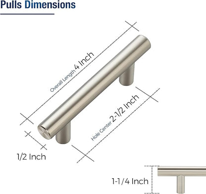 JOY DECOR 30 Pack Cabinet Handles, Brushed Nickel Cabinet Pulls, 2-1/2 in Hole Center Kitchen Cabinet Handles, Stainless Steel T Bar Handles for Dresser Drawers