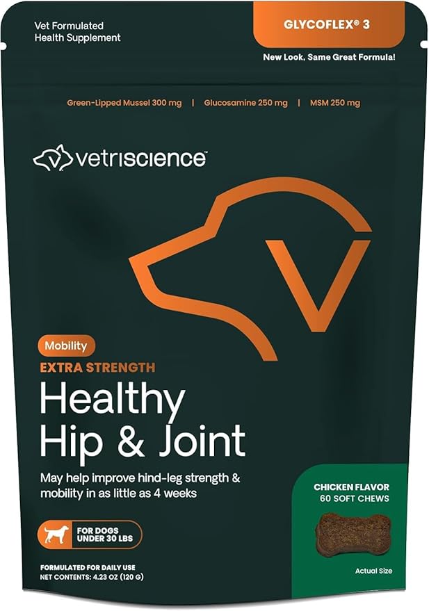 VetriScience Glycoflex 3 Clinically Proven Hip and Joint Support Supplement for Small Dogs - Maximum Strength Dog Supplement with Glucosamine, MSM, Green Lipped Mussel & DMG - 60 Chews,Chicken Flavor-Mewly Pet