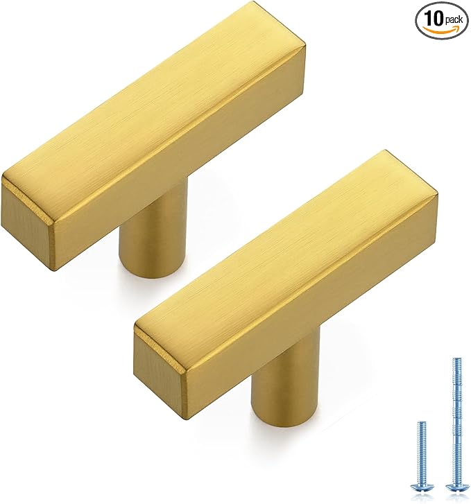 JOY DECOR 10 Pack Single Hole Brushed Brass Square Cabinet Handles Stainless Steel Cabinet Hardware Pulls for Kitchen and Drawers with 2 Inch Overall Length