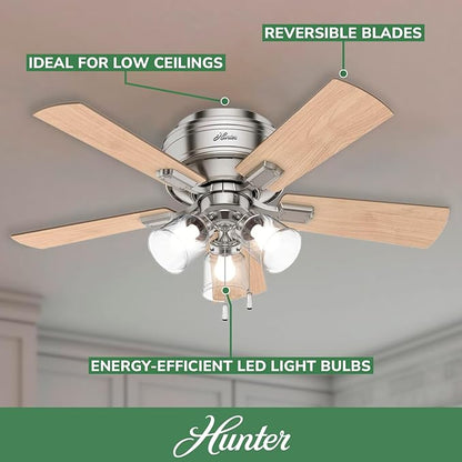 Hunter 42 inch Indoor Ceiling Fan with LED Lights and Pull Chain - Low Profile Mount Ceiling Fan, 5 Blades, For Bedroom, Living Room, or Kitchen, Quiet - Crestfield 52154, Brushed Nickel