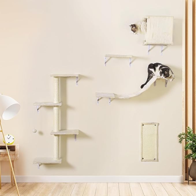 Modern Wall-Mounted Cat Furniture - 5pcs Cat Wall Shelves, Wooden Climber Includes House, Bridge, Tree, Steps, and Scratcher-Mewly Pet
