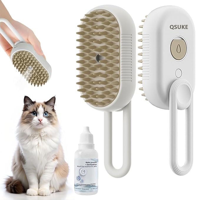 3 in 1 Cat Steam Brush, Pet Steam Cats Brushes Rechargeable Anti-Static Grooming Brushe, Vibration Massage Cleaning Shedding & Combing Multifunctional Hair Removal Comb for Cats Dog (White)-Mewly Pet