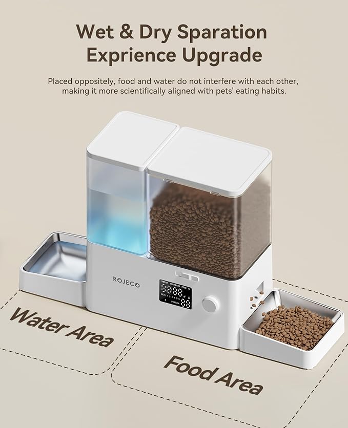 Rojeco 36Cups/8.5L Pet Automatic Cat Feeder and Gravity Water Dispenser,Stainless Steel Bowls 2-in-1 Set Large Capacity 5L Food Feeder and 3.5L Water Fountain for Cats,Pets,Small Dogs,Puppies,Kittens-Mewly Pet