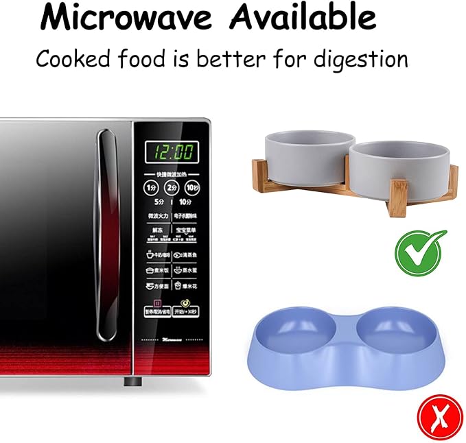 Petygooing Ceramic Dog Bowl Set with Wood Stand, Grey, 13.5OZ/5.1 in, Suitable for Cats & Small Dogs-Mewly Pet