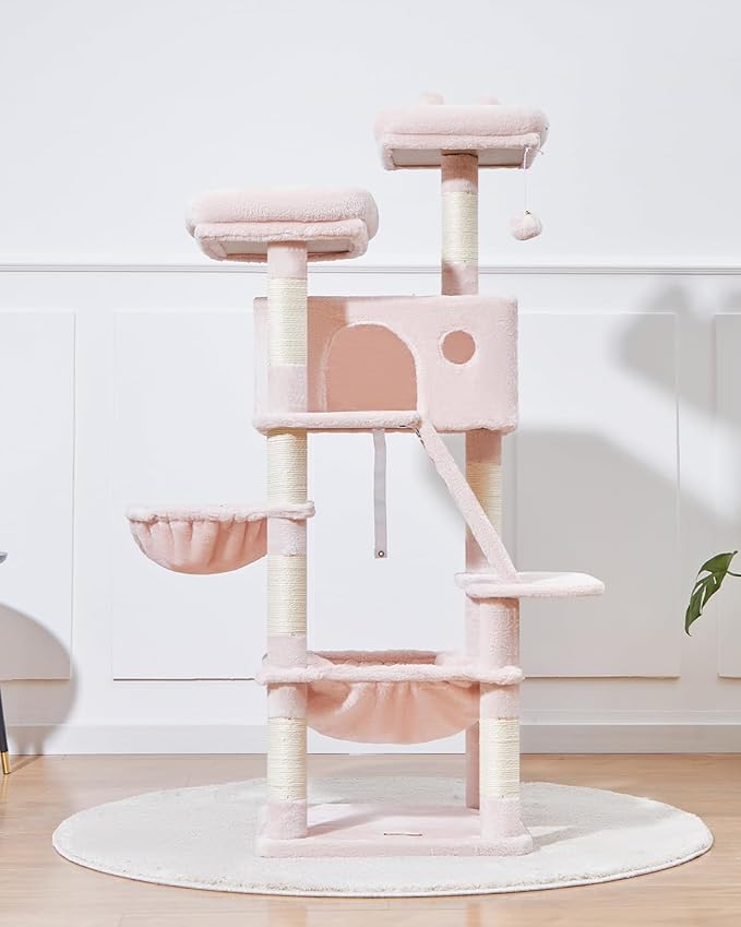 Taoqimiao Cat Tree 57.5-Inch, Cat Tower for Indoor Cats Large Adult, Extra Large Cat Condo, 8 Sisal Scratching Posts, Metal Frame Cozy Hammock, Durable Scratch Board, 2 Top Perches, Jelly Pink MS026P-Mewly Pet