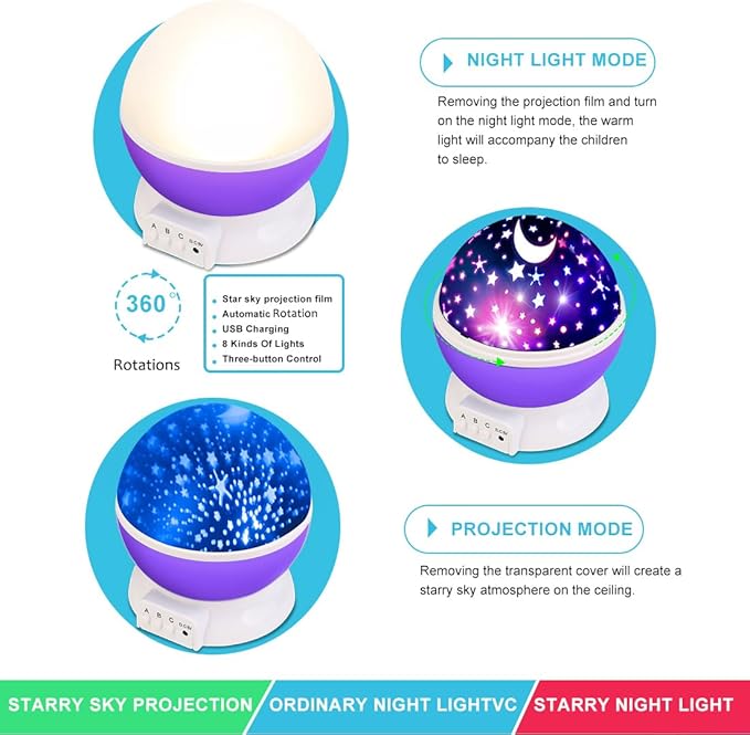 Star Projector Night Lights for Kids, Birthday Gifts for 1-4-6-14 Year Old Girl and Boy, Projection Lamp for Kids Bedroom, Glow in The Dark Stars and Moon for Child Asleep Peacefully- Purple