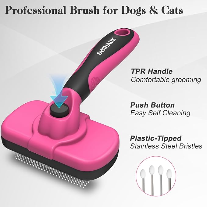 Swihauk Self Cleaning Slicker Brush for Dogs & Cats - Skin Friendly Grooming, Deshedding, Hair Removal for Puppies & Long/Short Haired Pets, Pet Supplies Accessory, Pink-Mewly Pet