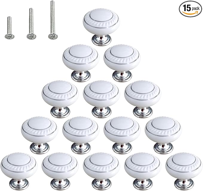 HUAMULAN 15 Pack Ceramic Knob Simple Dresser Kitchen Round Cabinet Pulls,Zinc Alloy Base Cupboard Wardrobe Drawer Door Handles,3 Size Screws