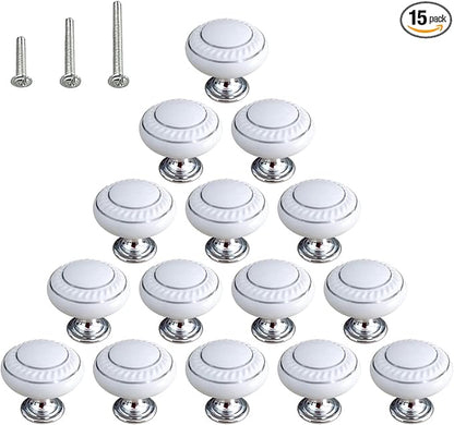 HUAMULAN 15 Pack Ceramic Knob Simple Dresser Kitchen Round Cabinet Pulls,Zinc Alloy Base Cupboard Wardrobe Drawer Door Handles,3 Size Screws