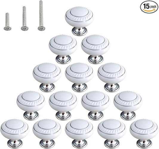 HUAMULAN 15 Pack Ceramic Knob Simple Dresser Kitchen Round Cabinet Pulls,Zinc Alloy Base Cupboard Wardrobe Drawer Door Handles,3 Size Screws