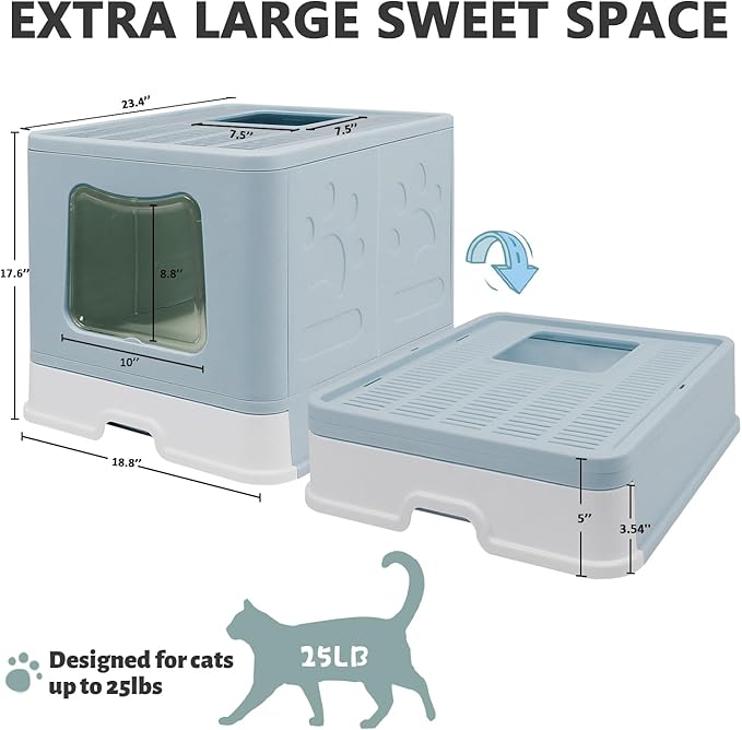 XL Foldable Cat Litter Box with Lid - Jumbo Enclosed Potty - Top Entry Anti-Splashing Toilet - Includes Scoop & 2-in-1 Cleaning Brush (Blue-Mewly Pet