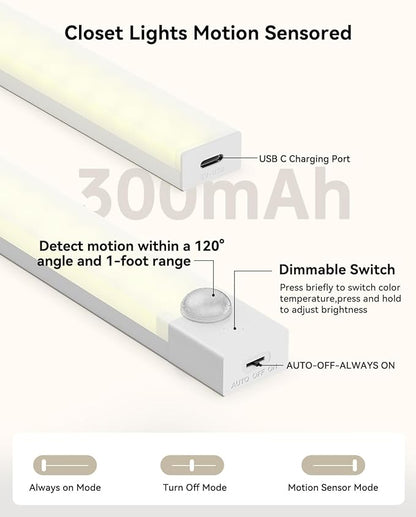 Under Cabinet Lighting 8 Inches Rechargeable Motion Sensor Light Indoor, 3 Color Dimmable Closet Light Battery Operated, USB Stick on LED Magnetic Under Counter Lights for Kitchen Stair, 6 Packs