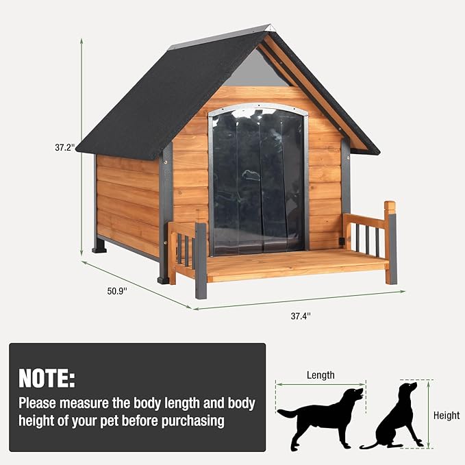 Large Dog House Outdoor Weatherproof Dog Kennel with Anti-Chewing Iron Frame, Dog Shelter for Large Breed with Porch (Brown, 50.9" D x 37.4" W x 37.2" H)-Mewly Pet