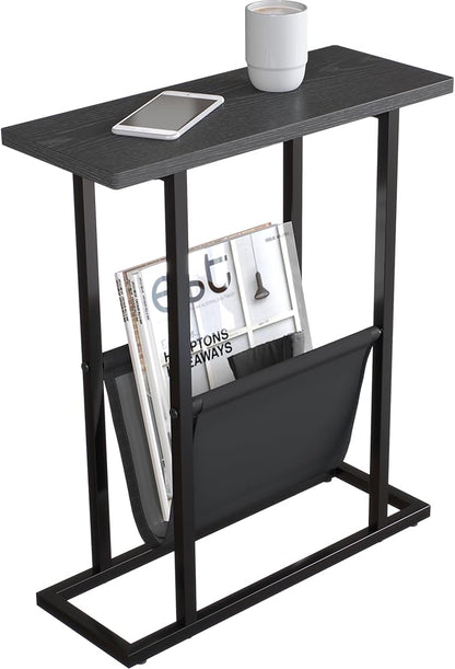 Yusong Narrow Side Table for Small Spaces, Small End Table with Magazine Holder, Skinny Slim Little Thin Table for Living Room, Bedroom, Sofa, Black Oak