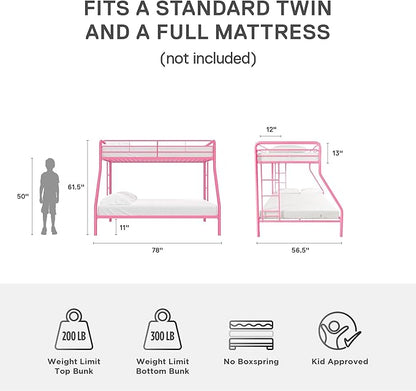 DHP Dusty Metal Bunk Bed Frame, Twin-Over-Full for Kids, Teens, Adults, Angled Ladder, Guardrail, No Boxspring, Small Spaces, Pink