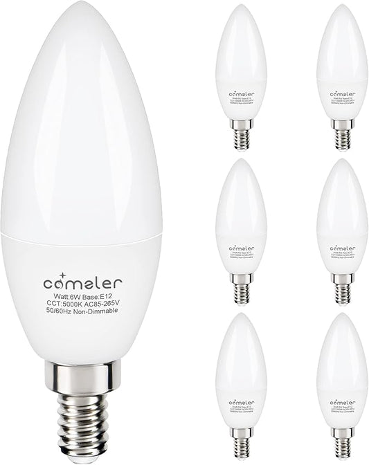 comzler 6W Candelabra LED Bulb, Small Base E12 LED Bulb 60 Watts Equivalent,Chandelier Light Bulbs Type B Light Bulb Daylight 5000K, Pack of 6, Non-Dimmable