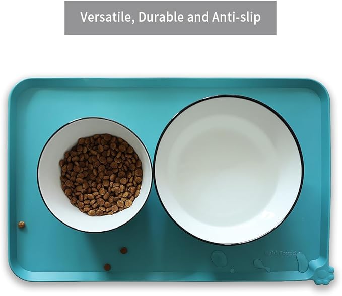 Hoki Found Silicone Pet Food Mats Tray - Non Slip Cat & Dog Bowl Mats - Waterproof & Pet-Friendly for Carpet - Glacier-Mewly Pet