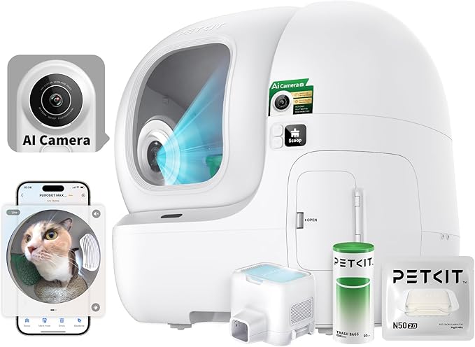 PETKIT 2025 Purobot Max Pro AI-Camera Self Cleaning Cat Litter Box, 210° Wide Angle Lens Night Vision Cat Facial Recognition Automatic Litter Box with 5G WiFi App Control Odor-Free-Mewly Pet