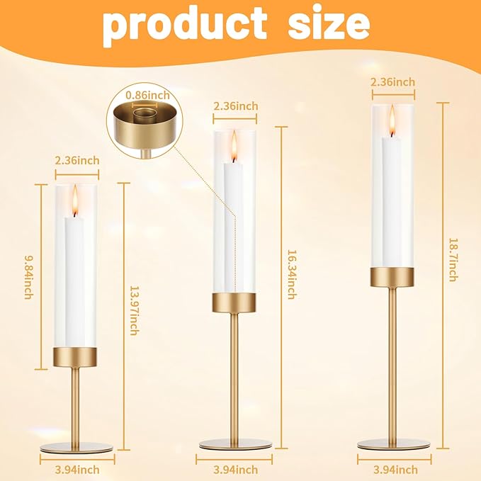 Set of 6 Gold Candle Holders, Tall Hurricane Candlestick Holders with Glass for Taper and Pillar Candles, Home Decor for Wedding, Christmas, Party, Anniversary, Dining Table