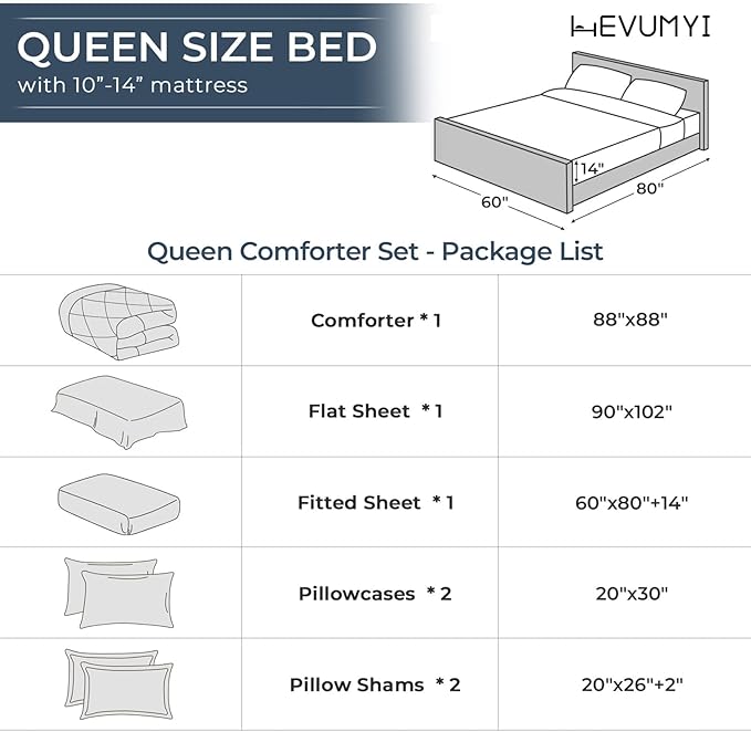 HEVUMYI 7 Pieces Queen Comforter Set, All Season Reversible Bed in a Bag, Ultra Soft Queen Bedding Set with Grey Comforter, Flat Sheet, Fitted Sheet, Pillowcases, Pillow Shams, Dark Grey