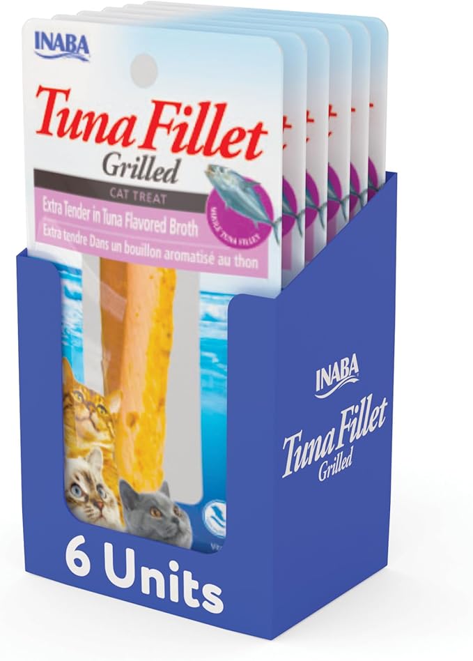 INABA Premium Hand-Cut Grilled Tuna Fillet Cat Treats/Topper with Vitamin E and Green Tea Extract, 0.52 Ounces Each, Pack of 6, Extra Tender Tuna Broth-Mewly Pet