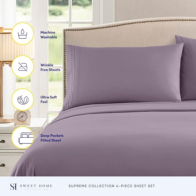 King Size Sheets - Breathable Luxury Bed Sheets with Full Elastic & Secure Corner Straps Built In - 1800 Supreme Collection Extra Soft Deep Pocket Bedding Set, Sheet Set, King, Plum