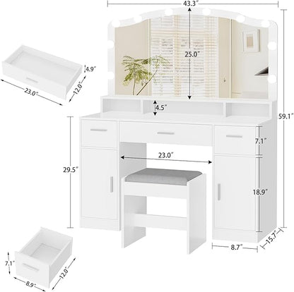 usikey 43.3” Vanity Desk with Large Mirror and Lights, Makeup Vanity with 3 Lighting Color Adjustable, Dressing Table Set with Storage Cabinet, Drawers and Chair for Girls Bedroom, White