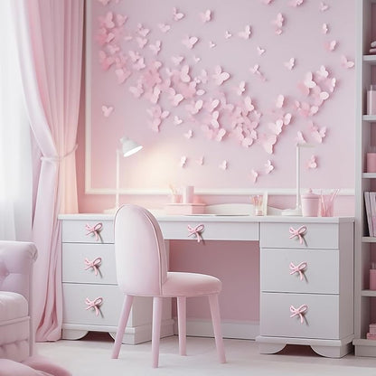 8 Pcs Bow Knobs for Dresser Matel Bow Drawer Knobs Vintage Dresser Handles Cabinet Drawer Pulls for Home Bedroom Kitchen Cabinets Hardware Cupboard (Pink,Classic Style)