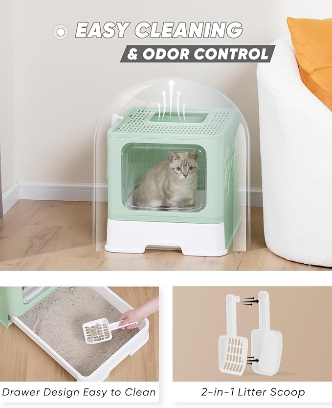Enclosed Cat Litter Box, Large Litter Box for Big Cats, Covered Kitty Litter Boxes with Lid, Top Entry Cat Box Enclosure with Scoop, Odor Control, Easy to Clean(Green)-Mewly Pet