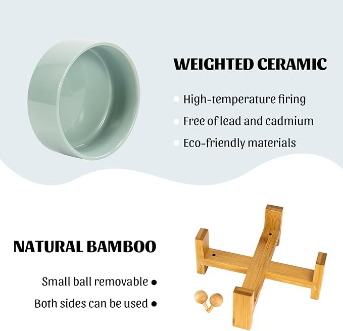 SPUNKYJUNKY 15° Slanted Ceramic Dog and Cat Bowl with Wooden Stand, Tilted Bulldog Food and Water Bowl No Slip Non-Spill for Cats Medium Dogs Big Face Pets 28.7 OZ (3.6 Cups, Morandi Green)-Mewly Pet