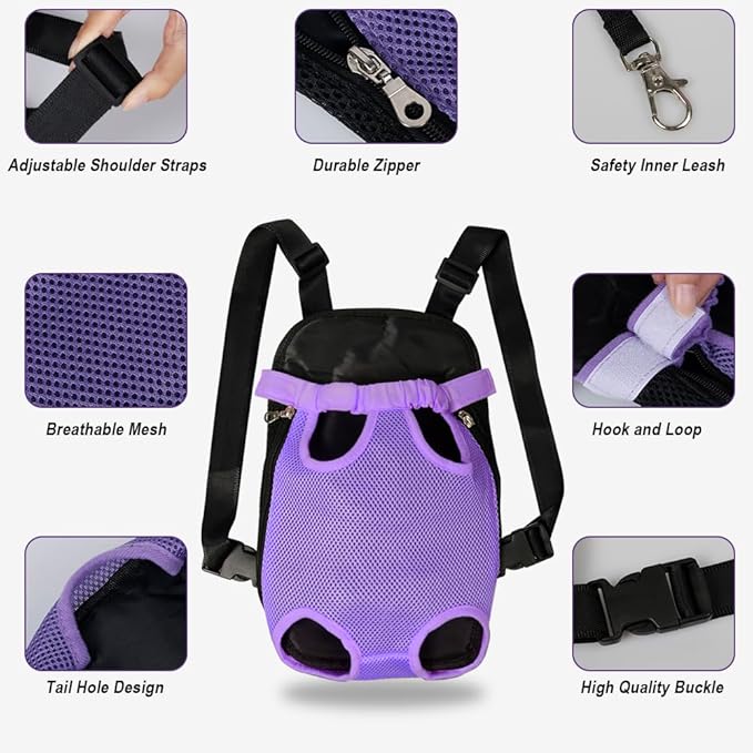 FEimaX Dog Carrier Backpack Pet Legs Out Front Cat Travel Bag, Adjustable Puppy Backpacks Carriers Hands-Free for Small Medium Dogs Cats Hiking Traveling Camping Daily Walking (Medium, Purple)-Mewly Pet