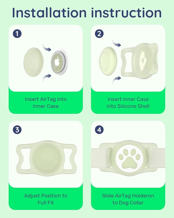 IP68 Waterpoof Dog Airtag Holder, Stretchy Silicone Full Body Covered Apple Air Tag Holder for Dog Cat Collar Fit All Width Collar (Luminous, 1 Pack)-Mewly Pet