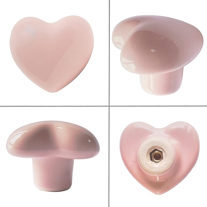Ceramic Drawer Knobs Heart Shape Cabinet Dresser Pulls Handles with 3 Sized Screws, Kitchen Furniture Knobs for Closet Cupboard Wardrobe (10 Pack, Pink)