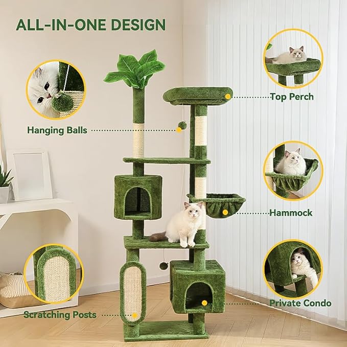 Hoopet 70-Inch Large Cat Tree for Multiple Cats Cat Tower with 2 Condos, Scratching Posts, Hammock & Platform, Plush Perch for Indoor Activity Relaxing Easy Assembly Green-Mewly Pet