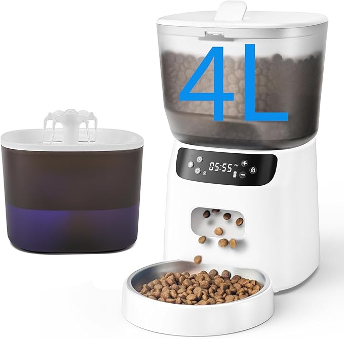 Automatic Cat Feeder and Water Fountain, 4L/16 Cups Timed Cat Dry Food Dispenser, 10s Meal Call, 20 Portions 6 Meals Per Day, 2L Cats Fountains for Drinking with Filter, Pet Feeder for Dog White-Mewly Pet