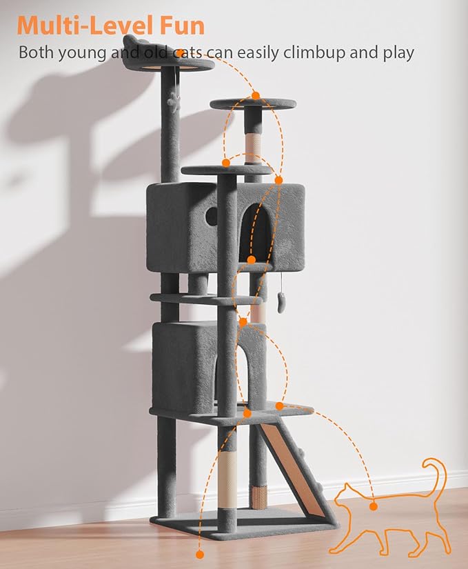 77'' Cat Tree Tower for Indoor Cats Large Adult, Cute/Tall Modern Cat Tree for Big Cats 20 lbs, Plush Multi-Level Cat Condo with Scratching Posts, Dangling Ball (Smoky Gray, 77 inch)-Mewly Pet
