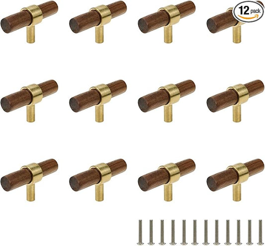 Drawer 2.36"/60mm Pulls Brass Walnut Kitchen Wardrobe Cabinet Hardware Pull Handle Single Hole with Screw, 12Pcs