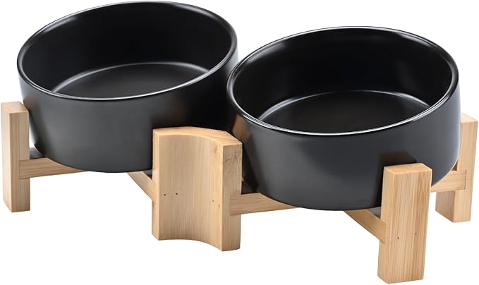 SPUNKYJUNKY 15° Slanted Ceramic Dog and Cat Bowl with Wooden Stand, Tilted Bulldog Food and Water Bowl No Slip Non-Spill for Cats Medium Dogs Big Face Pets 13.5 OZ (1.7 Cups, Black × 2)-Mewly Pet