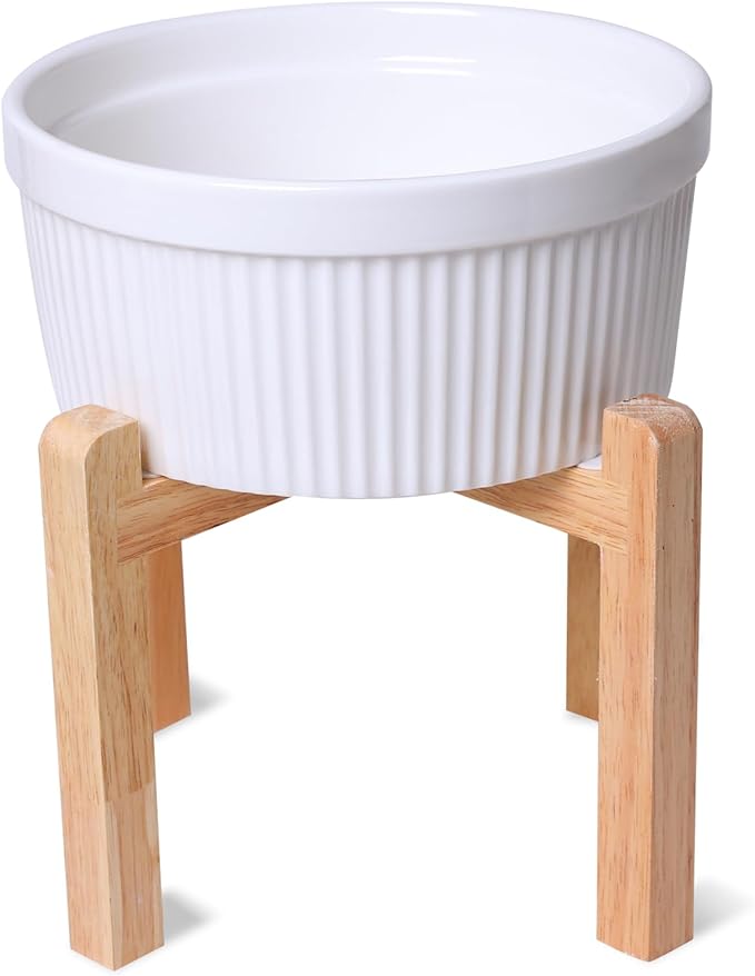 Large Dog Food Bowl, 65 oz Ceramic Bowls for Medium Breed, Pet Food Water Dish Heavy Wighted, Raised Dog Bowl with Wooden Stand, White-Mewly Pet
